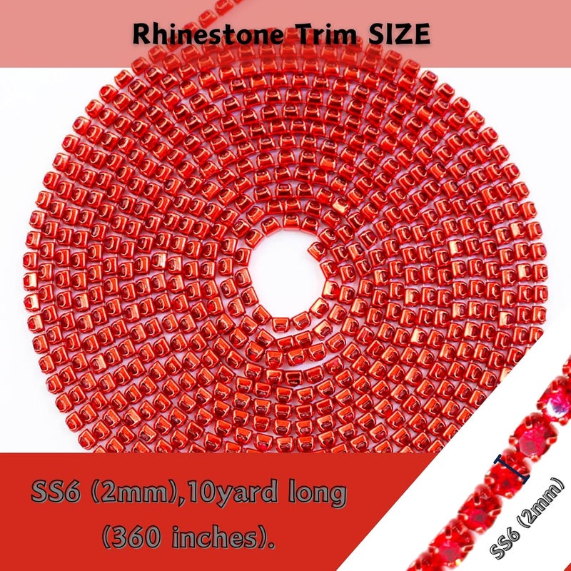 PEARLY JUN 10 Yards Red Rhinestone Chain Light Siam Rhinestone Trim Crystal Artificial Stone Trim Cup Chain SS6 2mm Color Plated Cup Stitch Costume Decoration - Image 2